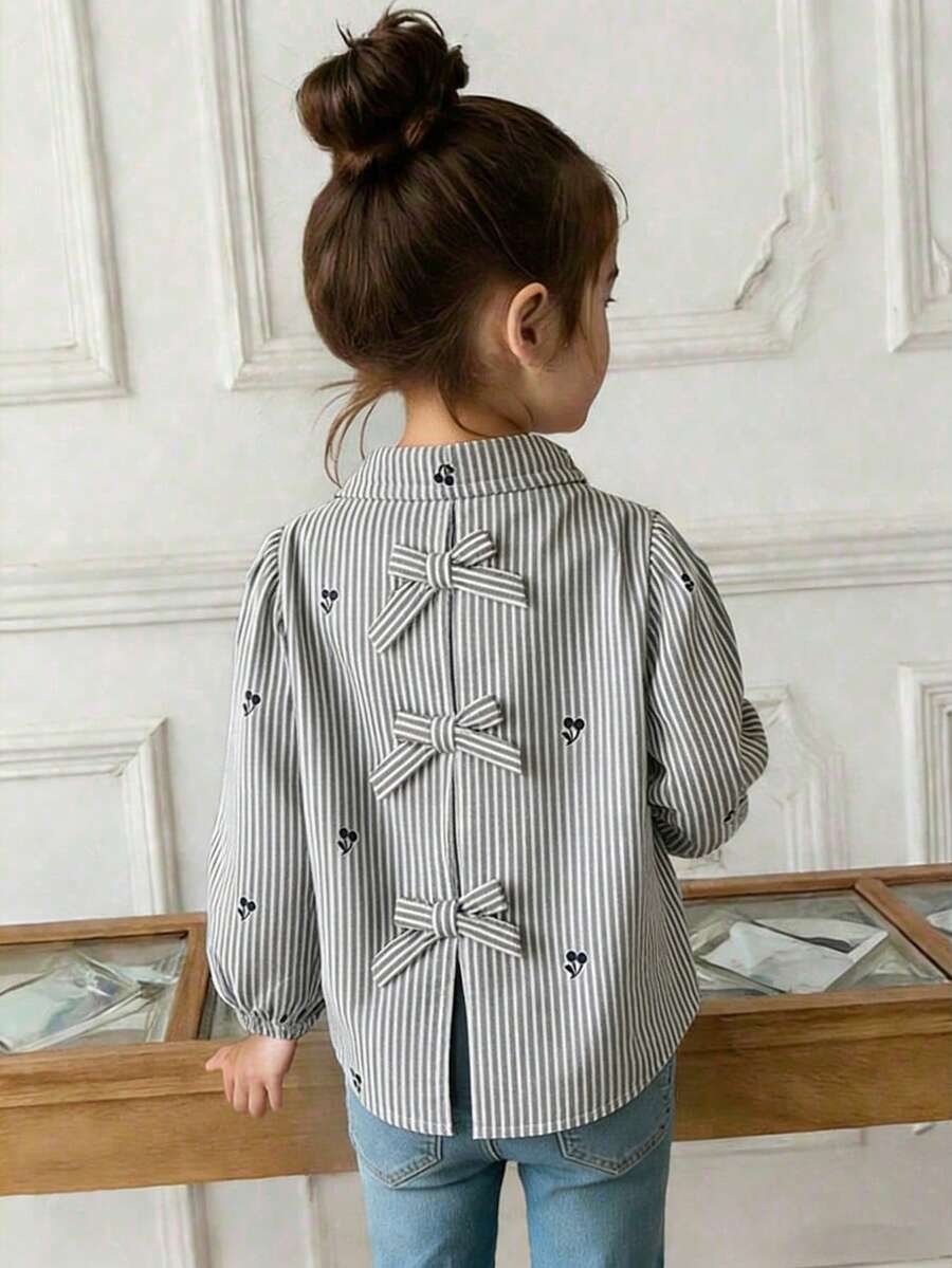 Camisa de uso diario casual y versátil con estampado de cerezas y rayas de verano - Gris - Ver 1