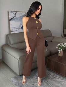 Vavine 优雅商务休闲女装套装，金属纽扣装饰，无袖弹力修身性感吊带背心和裤子黑色两件套，棕色女士最新款商务休闲女装套装，棕色粘胶纤维女士西装 - 棕色 - 查看 3
