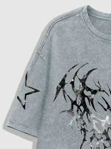 ROMWE MEN Grunge Punk Kaos Kasual Pria Lengan Pendek Leher Bulat dengan Motif Minimalis - Baby Blue - View 5