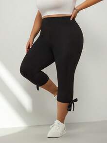 SHEIN CURVE+ 2 chiếc quần lửng cạp cao co giãn họa tiết da báo dành cho nữ cỡ lớn (có nơ trang trí) và quần lửng màu đen (có nơ trang trí) - Nhiều màu - Xem 7
