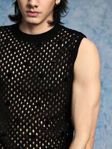 ROMWE MEN Áo vest nam cổ tròn đính sequin khoét lỗ - màu đen - Xem 2
