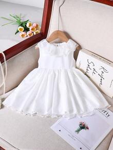 SHEIN Baby Girl Solid Color Lace Collar Sleeveless Dress - White - View 5