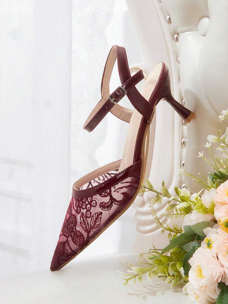 CUCCOO HITCHD Women's High-Heeled Shoes, Bridal Wedding Exclusive Shoes, Red Glossy Splicing Lace Embroidered Pointed Thin High Heels, Mesh Breathable, Adjustable Buckle With Rear Strap, Elegant Fairy Streamer Shoes, Wedding Dress/Toast Clothes With Banquet Women's Shoes