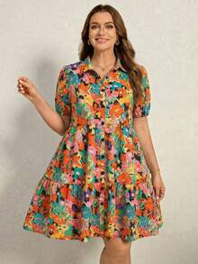Comfylo Vestido casual de manga corta con bolsillo y estampado floral de talla grande para el Día de la Madre, vestido Zanzea para mujeres, vestido de verano casual con estampado floral para mujeres, vestido de verano con textura de flores, vestido retro - Naranja - Ver 8
