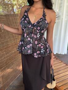 Sunnyshic Delicate Ditsy Floral Halter Neck Frill Trim V-Neck Backless Bow Tie Design Cute Women Tank Top - Multicolor - View 4