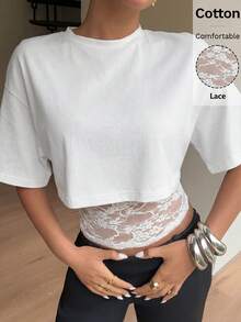 Siren Gaze 2-In-1 Design Women Lace Patchwork Short Sleeve T-Shirt, Y2K Style Summer Casual Top,Summer Top - White - View 7