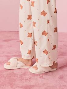 Bonmuse 两件套女士翻领纽扣长袖小熊印花衬衫睡衣+松紧腰裤可爱睡衣套装 - 杏色 - 查看 10