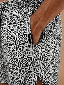 SUMWON Regular Men's Abstract Pattern Beach Swim Shorts With Curved Hem And Drawstring For Summer Vacation Pool Beachwear - Black and White - View 6