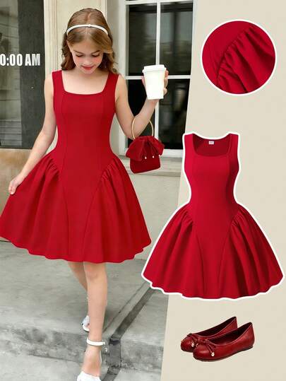 1pc Teens' Red Sleeveless Patchwork Waist Flare Mini Dress, Elegant & Chic, Suitable For Holiday Party, Summer