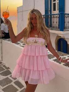 Aloruh Đầm mini quây nhiều lớp thêu họa tiết dành cho nữ, thích hợp cho kỳ nghỉ. - Hồng - Xem 8