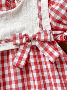 Cozy Pixies Vestito dolce e carino da bambina con fiocco decorativo, colletto blu navy a contrasto, maniche a palloncino a quadri rossi, vita stretta, stile pastorale, adatto per uscite e vacanze - Rosso - Visualizzare 4