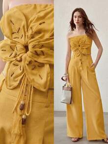 MOTF PREMIUM WOMEN'S FLORAL DECOR ZIPPER BACK TUBE TOP - Yellow - View 5