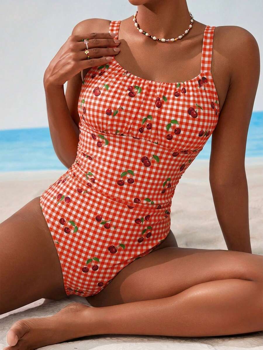 Swim Mod Women's Plaid Cherry Print One-Piece Swimsuit, Suitable For Beach Vacation, Pool Party, Beach Party - Red - View 1