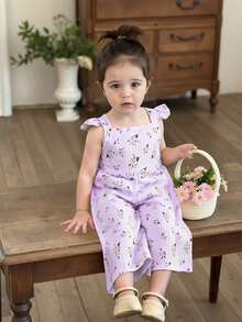 SHEIN Playful Pals 少女复古休闲修身独特印花连体裤 - 适合夏季户外活动和上学穿着 - 紫色 - 查看 6