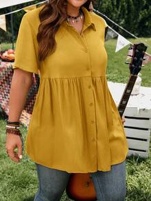 EMERY ROSE Zanzea Plus Size Short Sleeve Mustard Yellow Button-Up Shirt, Casual Summer Boho Hiking Vacation Blouse For Women With Longer Back, Festival - Yellow - View 6