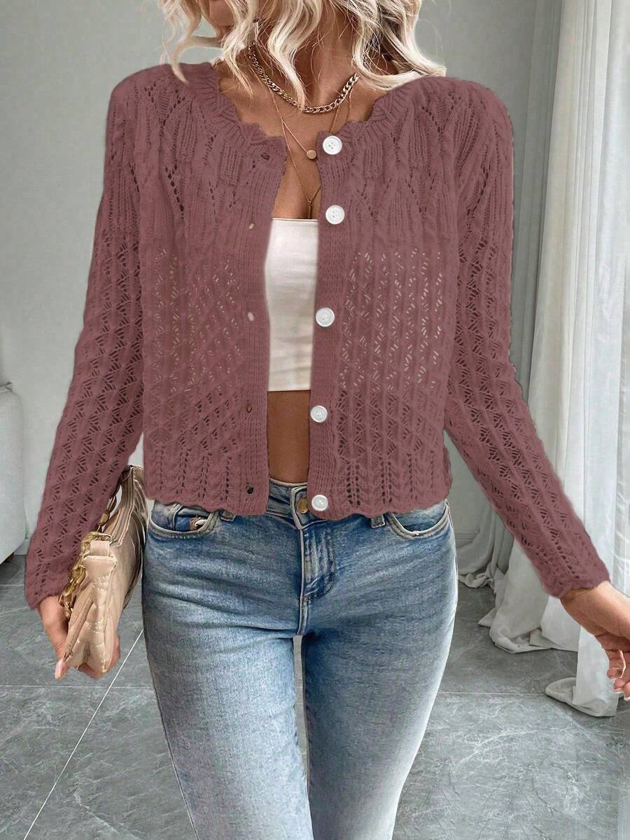 Áo khoác cardigan nữ cổ tròn khoét lỗ cài nút phía trước, áo len dệt kim mùa thu/đông. - Gỗ đỏ - Xem 1