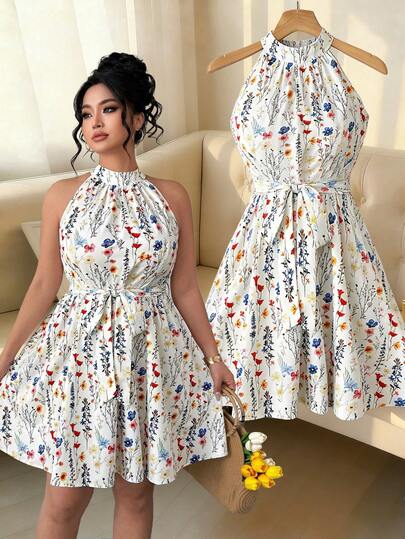 SHEIN Elenzya 大码优雅露背印花系带A字连衣裙