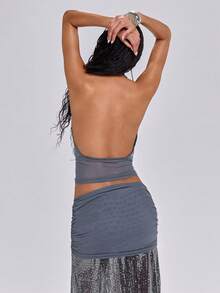 ROMWE Spring/Summer Y2K Retro Glitter Contrast Mesh Deep Draped Neck Draped Neck Tank Top For Women - Grey - View 6