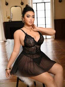 Seduluxe Conjunto de 2 piezas de lencería sexy de talla grande con vestido de encaje y malla + panty - Negro - Ver 7