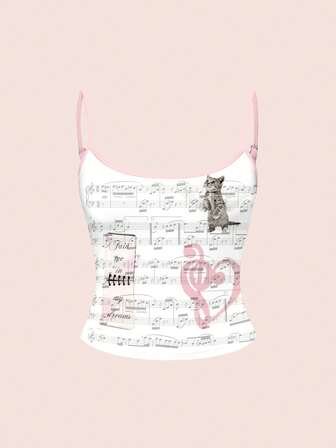 Kawaii Crop top e canottiera sexy vintage con stampa a cuore e note musicali in stile Y2K, taglia comoda per l'estate