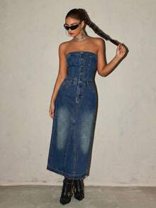Women's Casual Washed Denim Jumpsuit Dress With Pockets, Summer - Medium Wash - View 8
