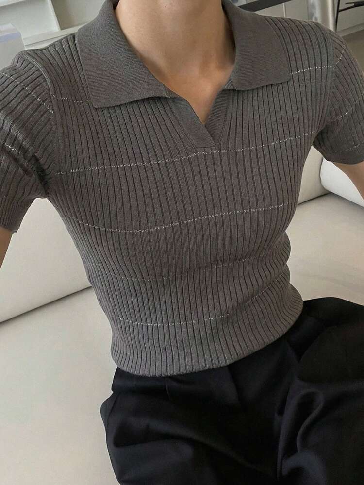 Women's Striped Collared Short Sleeve Sweater Summer