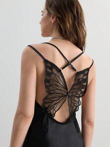 SilkySpell Váy ngủ hở lưng hình con bướm phong cách Pháp, váy dài - màu đen - Xem 3