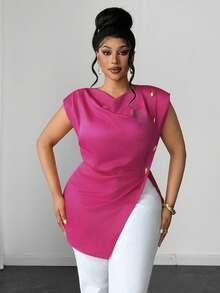 Maweii Camisa elegante sin mangas con solapa de satén y botones metálicos, color rojo rosa, talla grande para mujer - Rosa Fucsia - Ver 3