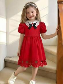SHEIN Young Girl Red Elegant Beaded Square Collar Gigot Sleeve Princess Frill Hem Solid Satin Dress,Suitable For Summer Party Weddings Birthdays Gatherings - Red - View 2