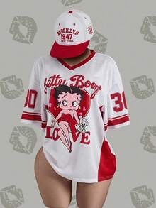 Betty Boop x SHEIN 大码女式V领卡通字母印花休闲百搭日常短袖T恤 - 白色 - 查看 1