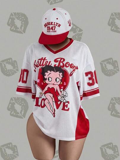 Betty Boop x SHEIN Plus Size Women V-Neck Cartoon Letter Print Casual Versatile Daily Wear Short Sleeve T-Shirt Anime Jersey Baseball Game Outfit Women Baseball Tshirt Women Baseball Jersey
