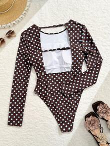 Swim SPRTY Retro Polka Dot Long Sleeve Round Neck Sexy Open Back Adjustable Strap One-Piece Swimsuit For Women - Multicolor - View 3