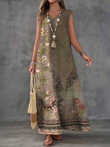 EMERY ROSE Plus Size Floral Print Sleeveless Slit Casual Vacation Dress - Multicolor - View 4