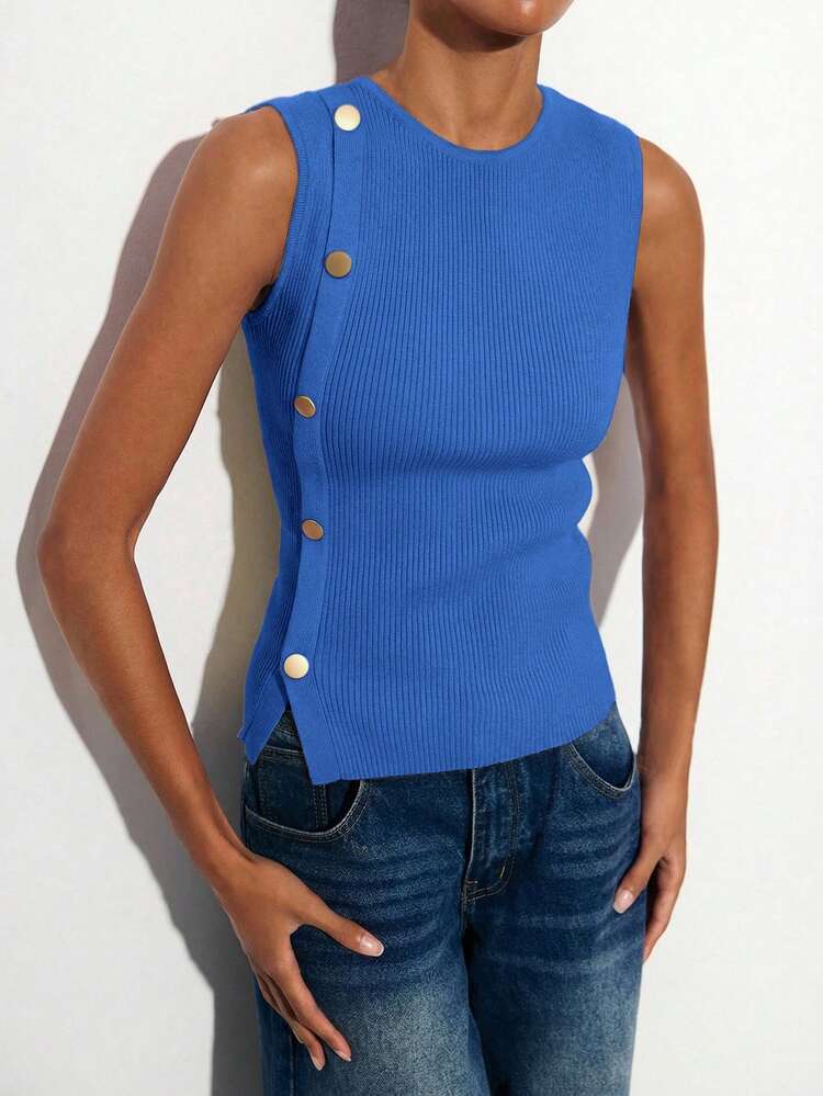 SHEIN Maija Women's Crew Neck Sleeveless Knit Top With Metal Button Decor, Basic Vest Sweater For Urban Commute, Business Casual, Office Wear, Elegant Party, New Year, Versatile