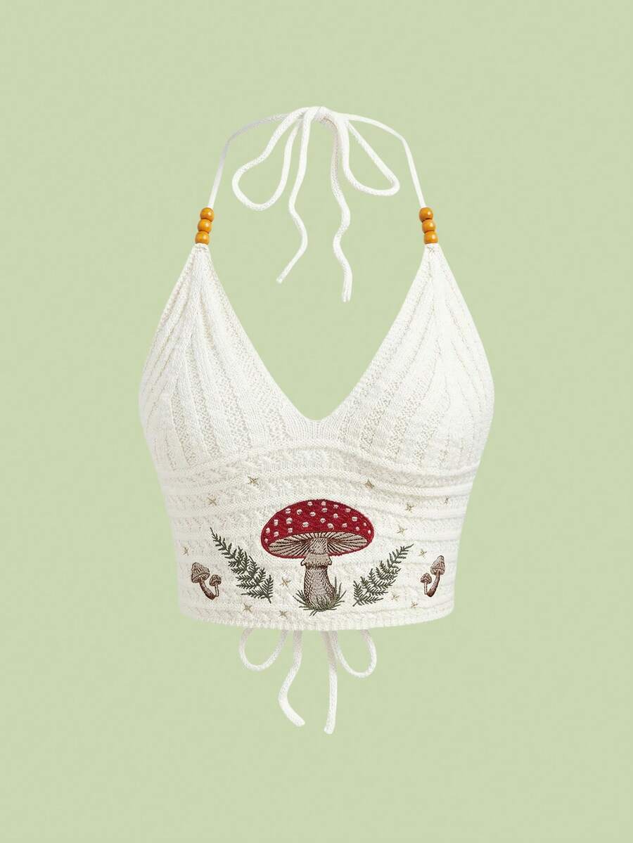 ROMWE Áo len nữ dệt kim đính cườm thêu hình nấm theo phong cách nghỉ dưỡng Hippie - Màu be - Xem 1