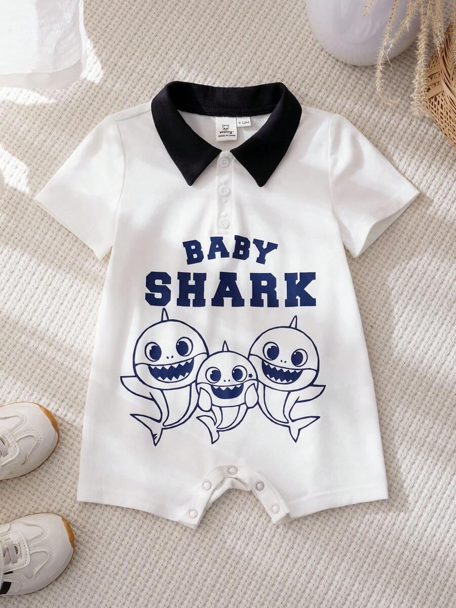 BABY SHARK X SHEIN Toddler Boys' Cartoon Print Polo Collar Short Sleeve Romper - White - View 1