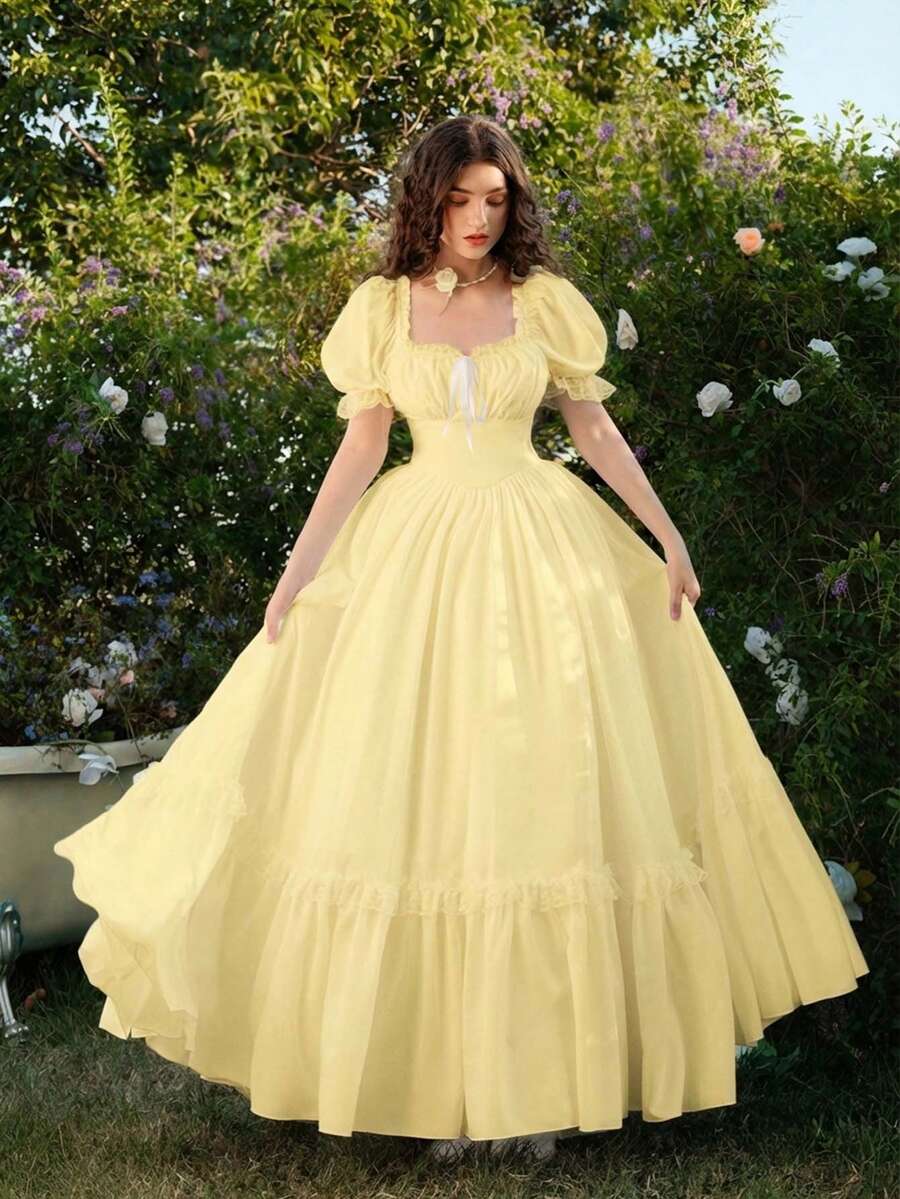 SHEIN MOD White Maxi Lace Ruffled Victorian Vintage Maxi Dress, Party Dress, Prom Dress, Exquisite Craftsmanship - Pale Yellow - View 1