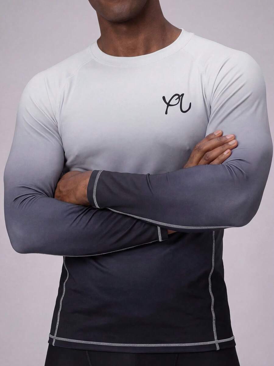 ZELFYO Men's Crew Neck Raglan Sleeve Ombre Casual Comfortable Breathable Long Sleeve Surf T-Shirt, Holiday - Light Grey - View 1