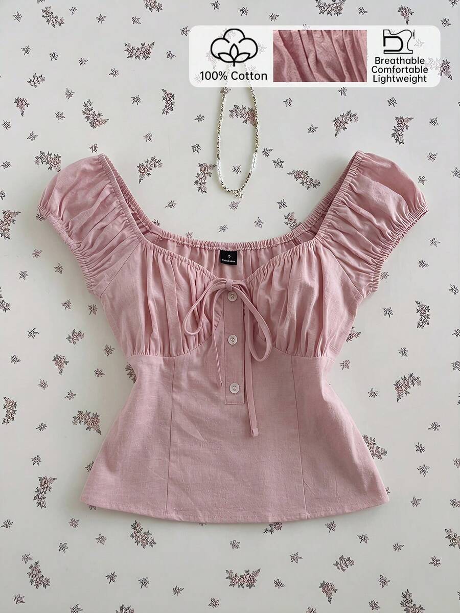 Elamini Women's Sweet Petal Sleeve U-Neck Ruched Waist Pure Short Sleeve Blouse, Summer Corset Tops With Sleeve Corset Shirts For Women Women's Tops For Summer Cute Top Cute Tops For Women Women Tops - Pink - View 1