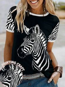 EMERY ROSE Women's Round Neck Zebra Print Casual Versatile Daily Wear Short Sleeve T-Shirt - Black - View 1