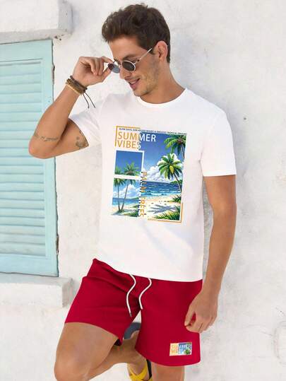 VIVINTIMO Conjunto de camiseta con estampado tropical y pantalones cortos tejidos para hombre