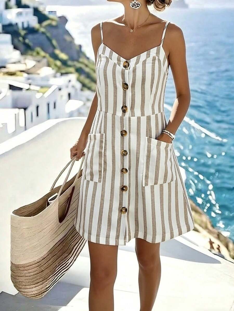 Versatile Casual Dress, Suitable For Vacation, Business, Commute, Dates, Parties, Beach, Daily Wear - Sleeveless V-Neck Button Decor Short Dress, Elegant And Fashionable Women's Summer Outfits Summer Outfits For Women Dresses Vacation Outfits Woman Dress Cruise Outfit For Women Sundress Picnic Outfits For Women - White - View 1