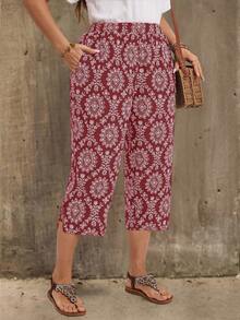EMERY ROSE Plus Size Casual All-Over Print Conical Pants,Country Vacation Outfits Woman,Simple And Fashionable For Everyday Wear,Summer Tops Women,Summer - Burgundy - View 6