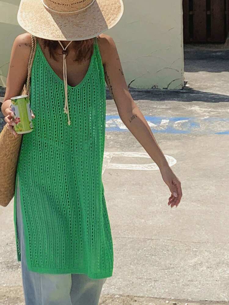 Women's Solid Color Hollow-Out Side Slit Hem Camisole Knit Top