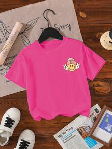 Young Girls' Casual Comfortable Fashion Cute Personalized Letter, Checkerboard, Face, Floral Print Short Sleeve T-Shirt, Suitable For Spring/Summer Daily Wear And - Hot Pink - View 3