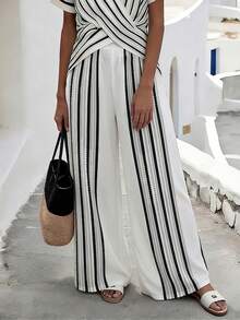 SHEIN Holidaya Women's Striped Casual Versatile Wide Leg Pants For Daily Wear - White - View 4