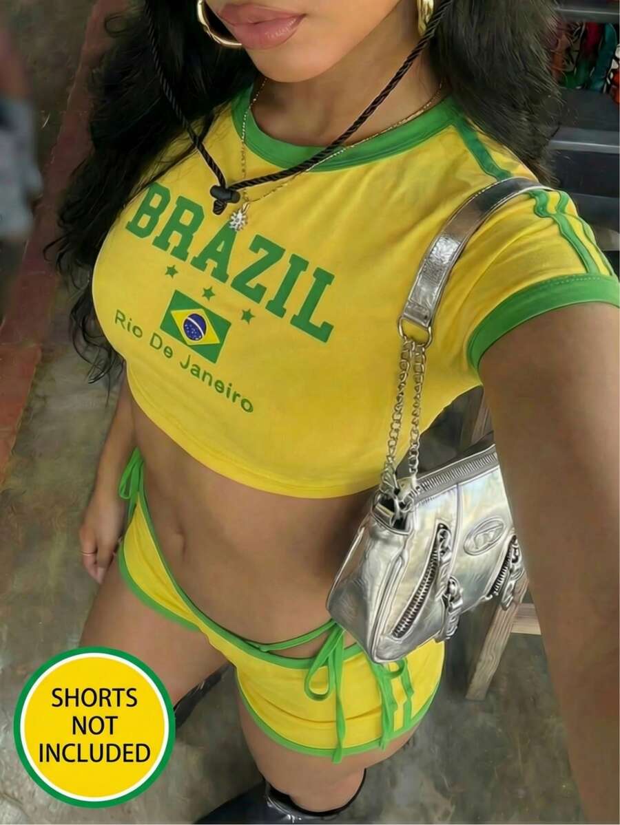 EgrlEra 2 件/套 撞色边饰圆领巴西字母印花 T 恤和系带裤 - 黃色 - 查看 1