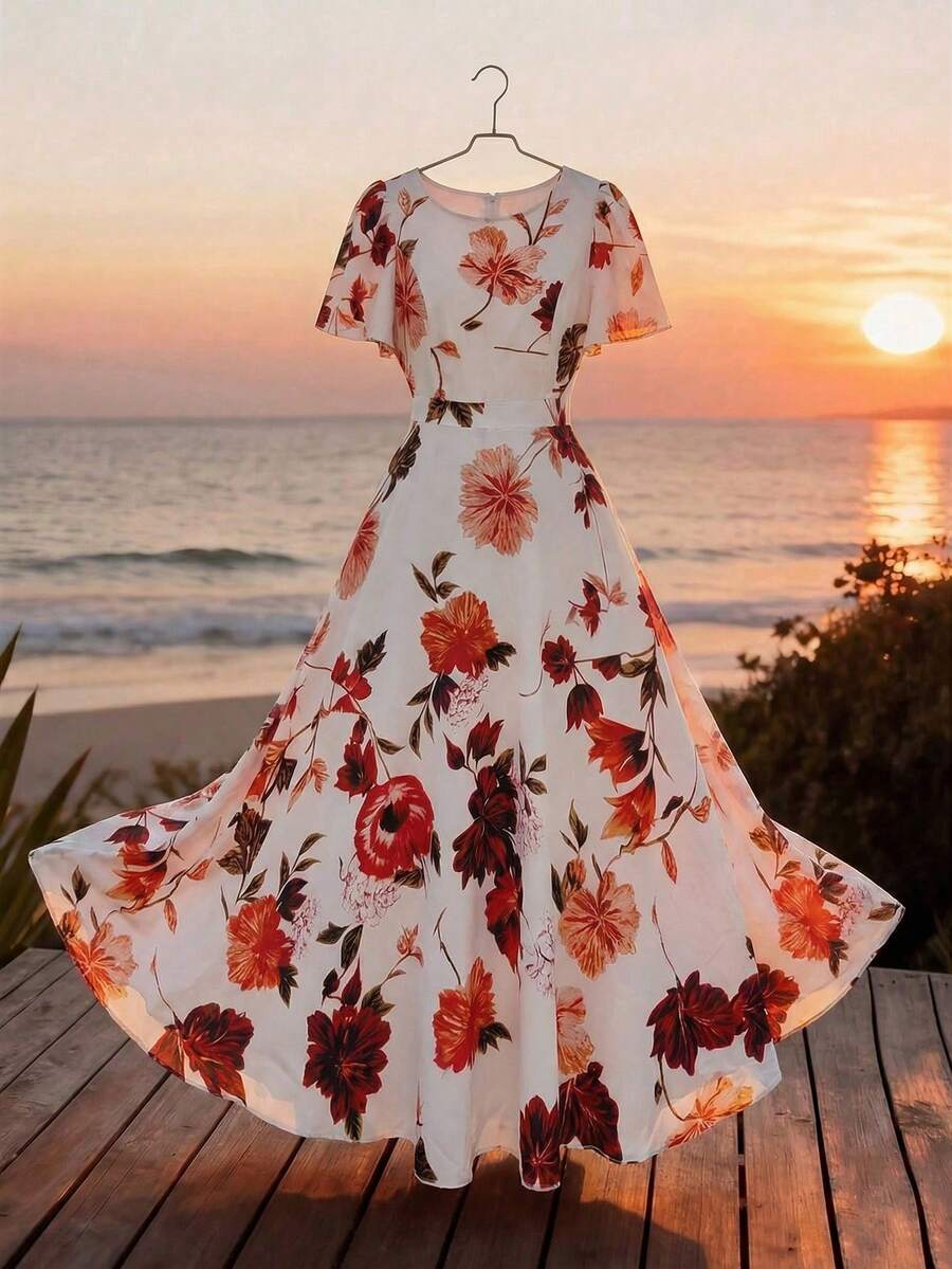 Modelyn Vestido acampanado con estampado floral, cuello redondo y mangas de mariposa, primavera/verano - Multicolor - Ver 1