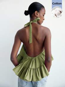 Maija Áo kiểu dáng rộng rãi, cổ buộc dây, hở lưng, vạt bèo nhún, phong cách thành thị dành cho nữ mùa thu. - xanh quân đội - Xem 8