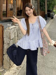 DAZY Áo thun nữ tay ngắn cổ tròn kẻ sọc, kiểu dáng thường ngày, thích hợp mặc mùa hè. - Màu xanh lam - Xem 3